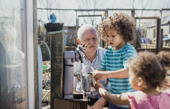 family using water